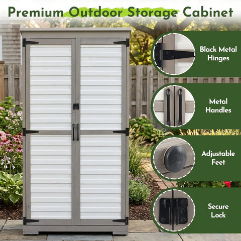 Tall Outdoor Storage Cabinet With Adjustable Shelves For Garden And Garage White Plastic And Wood Build Waterproof Roof Lockable Doors Yard Ready Tool Shed