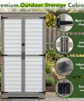 Outdoor Storage Cabinet With Adjustable Shelves For Tools And Gear, Tall White Wood And Plastic Shed With Weatherproof Roof
