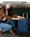 Woman with blue Underseat Carry On Luggage With Wheels Lightweight 30L Softside 16 Inch Spinner Suitcase Airline Approved