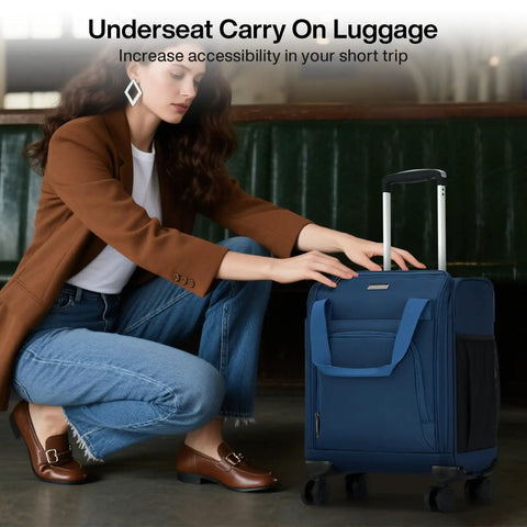 Woman with blue Underseat Carry On Luggage With Wheels Lightweight 30L Softside 16 Inch Spinner Suitcase Airline Approved