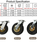 Image showing specifications of 2 Pack Heavy Duty Industrial Grade Swivel Caster Featuring Natural Rubber Pneumatic Tires.
