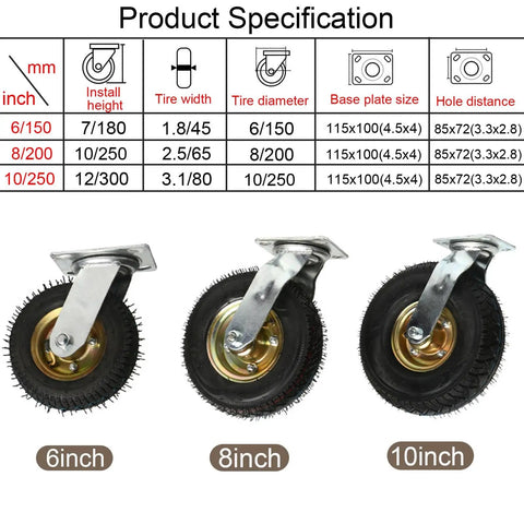 Image showing specifications of 2 Pack Heavy Duty Industrial Grade Swivel Caster Featuring Natural Rubber Pneumatic Tires.