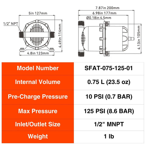 Accumulator Tank With Internal Bladder And Flow Control For Marine, RV, And Off-Grid Water Systems - 125 PSI, 0.75 L diagram and specs