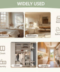 Illustrated guide showing rooms: bedroom, bathroom, closet, and laundry, highlighting usage for 48 By 80 Inch Raised Textured Six Panel Bypass Hollow Core White Primed Sliding Closet Door With All In One Track Hardware Kit, Two Round Satin Nickel Flush Pulls, And White Primed Track Fascia.