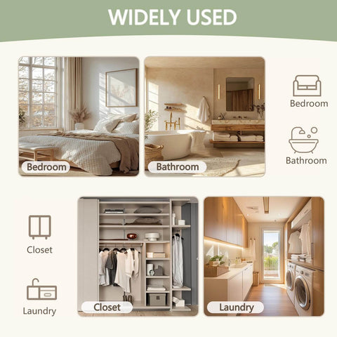 Illustrated guide showing rooms: bedroom, bathroom, closet, and laundry, highlighting usage for 48 By 80 Inch Raised Textured Six Panel Bypass Hollow Core White Primed Sliding Closet Door With All In One Track Hardware Kit, Two Round Satin Nickel Flush Pulls, And White Primed Track Fascia.