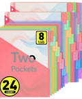 Two Pocket Binder Dividers With Eight Tabs For 3 Ring Binders, Plastic Multicolor Organizer Pages, Letter Size, 24 Count