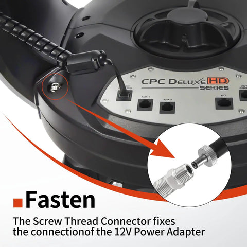 Close-up of CPC Deluxe HD series telescope connection with 12V 5 Amp Replacement AC Adapter Power Cord 18780 for secure fit