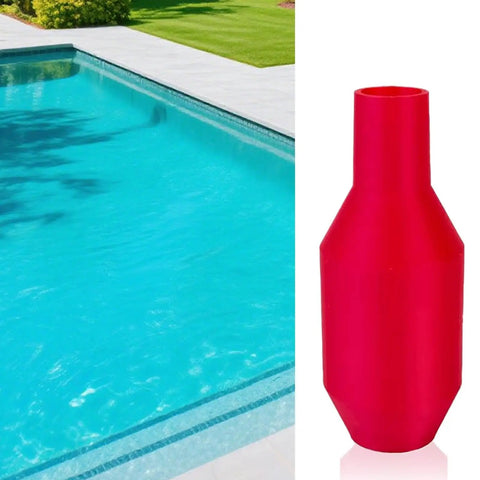 Hands-Off Manual Siphon Pump That Gets The Job Done Fast next to a swimming pool, red, plastic material, used for water transfer.
