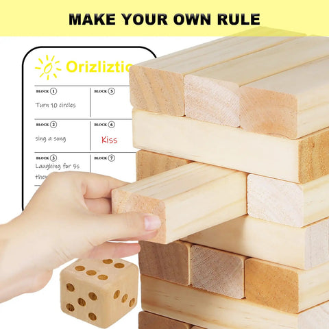 Giant Wooden Tumbling Tower 5.3 Feet Tall With 60 Premium Pieces Total Blast Outdoor Stacking Game with a hand moving a block.