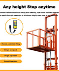 Heavy Duty Hydraulic Lift Platform For Factory Material Handling With One Touch Electric Control And 32 Foot Vertical Cargo Elevation showing remote control and height adjustable feature.