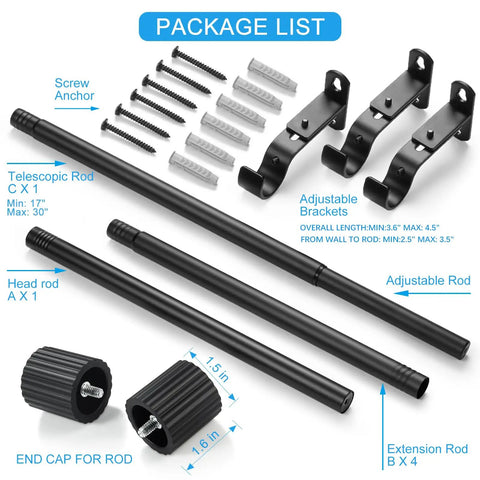 Package contents of Adjustable Curtain Rod Set 1 Inch Diameter Black Metal For Windows From 16 To 92 Inches Or Up To 104 Inches Max