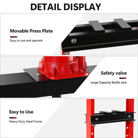 Detail view of 20 Ton Hydraulic Shop Press With H Frame Adjustable Floor Stand featuring movable press plate and heavy steel frame.