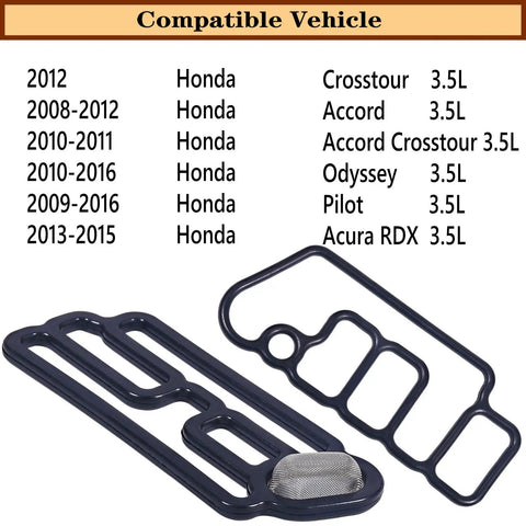 2 Piece VVT Solenoid Gasket Kit For Honda Acura 3.5L VTEC Engines, DIY Ready, two gaskets displayed with vehicle compatibility list
