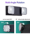 LED Emergency Lights With Battery Backup Four Pack Black Two Head Adjustable Emergency Exit Light Fixtures For Business UL Listed AC 120 277V Hardwired showing multi-angle rotation