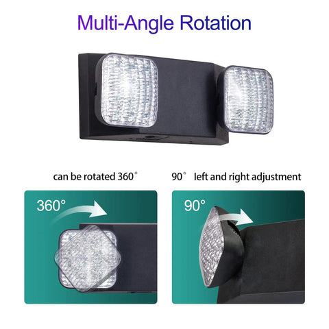 LED Emergency Lights With Battery Backup Four Pack Black Two Head Adjustable Emergency Exit Light Fixtures For Business UL Listed AC 120 277V Hardwired showing multi-angle rotation