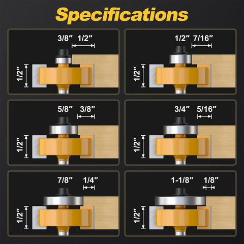 Pro Grade One Quarter Inch Shank Rabbet Router Bit Set With Six Bearings specifications showing cutting depth measurements