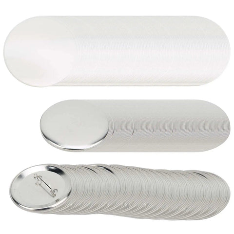 56mm Metal Badge Making Kit With Pin Back Button Parts for DIY, stack of tinplate covers, back views showing pin fastenings, 100 sets