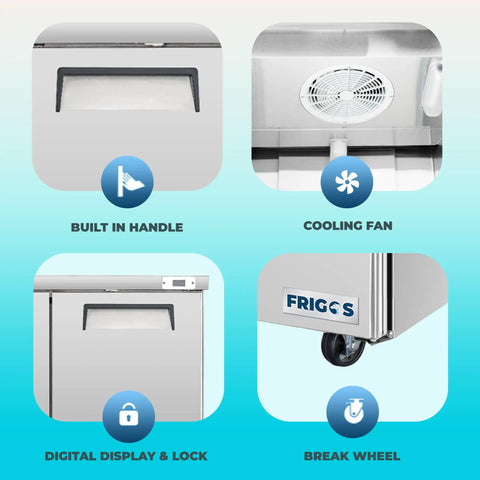 Heavy Duty Commercial Undercounter Freezer 60 Inch 14.1 Cu Ft Stainless Steel Led Lights Dual Doors ETL Certified features built-in handle, cooling fan, digital display, and break wheel.