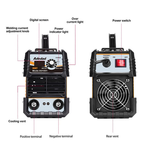 Front and back view of 160Amp 110 220V Stick Arc Welder With IGBT Inverter LCD Display showing controls and vents