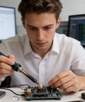 Person using soldering iron on electronic circuit board, related to Soldering Iron Tip Tinner Cleaning Paste For Electronics Tools Pro Grade Lead Free Oxide Removal Restores Tip Activity And Extends Life For Precision Soldering Work 0.59 Inch Tip