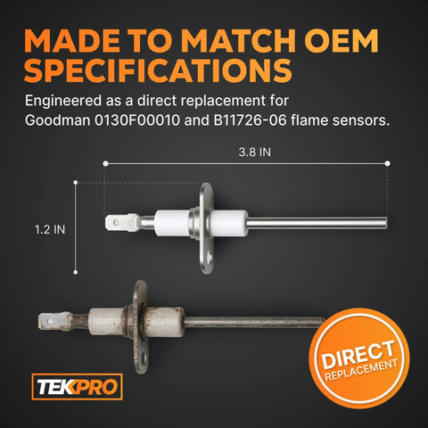 Upgraded 0130F00010 Furnace Flame Sensor Replacement with 3.8 inch length and 1.2 inch height, shown as direct replacement.