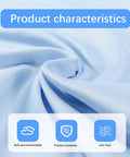 Blue microfiber cloth background with a product characteristics banner and three icons.