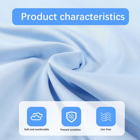 Blue microfiber cloth background with a product characteristics banner and three icons.