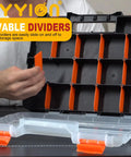 Person showing 34-Compartment Double-Sided Parts Organizer With Removable Dividers, emphasizing orange dividers and clear lids.