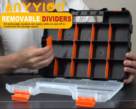 Person showing 34-Compartment Double-Sided Parts Organizer With Removable Dividers, emphasizing orange dividers and clear lids.