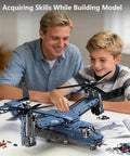 Father and son assembling Military Helicopter Building Kit With Tiltrotor Inspired By The V22 Osprey Aircraft Transform Model