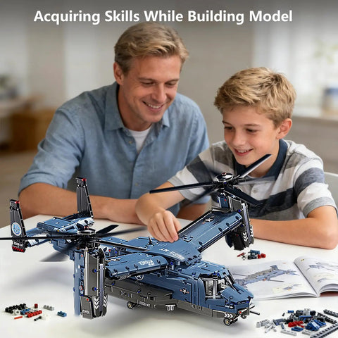 Father and son assembling Military Helicopter Building Kit With Tiltrotor Inspired By The V22 Osprey Aircraft Transform Model