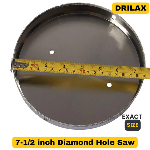 7.5 Inch Diamond Hole Saw With Solid Steel Core, Three Eighths Inch Shank For Toilet Flanges displayed with measuring tape