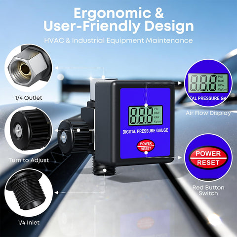 Digital Air Pressure Regulator Quarter-Inch NPT, Adjustable 0-200 PSI With Gauge for Air Compressors, showing display and controls