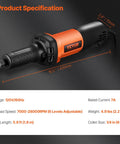 Heavy Duty Workhorse Die Grinder With Variable Speed 7000 To 30000 Rpm, detailed product specifications and measurements.