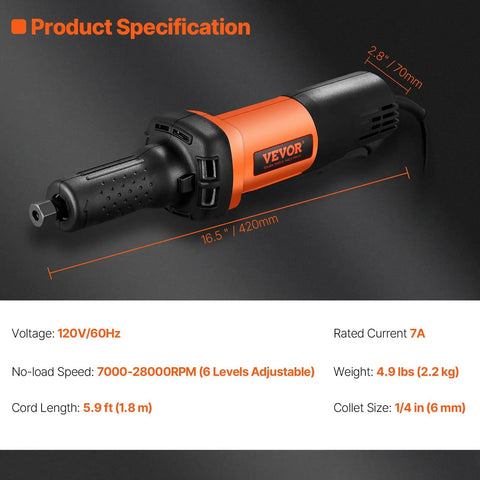 Heavy Duty Workhorse Die Grinder With Variable Speed 7000 To 30000 Rpm, detailed product specifications and measurements.