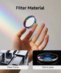Person holding 1.25 Inch Moon Filter For Telescopes, shown with optical glass and metal frame, boosts contrast and cuts glare.