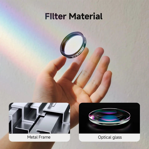 Person holding 1.25 Inch Moon Filter For Telescopes, shown with optical glass and metal frame, boosts contrast and cuts glare.