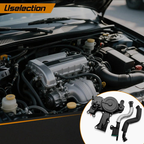 PCV Valve Engine Crankcase Vent Oil Separator Breather Hose Kit For Audi A3 A4 A5 Q5 TT Beetle CC Jetta Passat Tiguan 1.8L 2.0L TSI Drop In Replacement OE Numbers 06H103495AH 06H103495A 06H103495B 06H103495AC displayed next to a vehicle engine bay