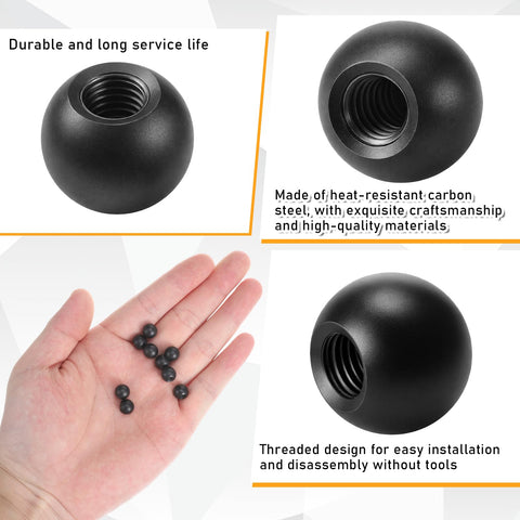 18Pcs M4 x 9mm Threaded Ball Knobs and Screw Caps Set for Lighting DIY Projects, black carbon steel hardware held in hand