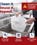 Top Tier Reusable Fryer Oil Filter Bag That Traps Tough Grease Grit And Saves You Serious Dough Compatible With Common Basins being rinsed in a sink.