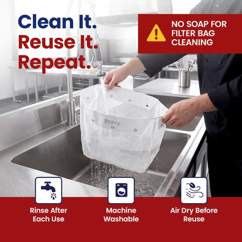 Top Tier Reusable Fryer Oil Filter Bag That Traps Tough Grease Grit And Saves You Serious Dough Compatible With Common Basins being rinsed in a sink.