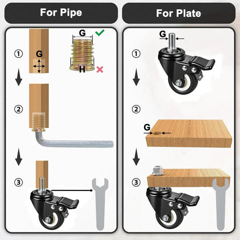 Installation guide for Top-Shelf 2 Inch Swivel Stem Casters With Brake, Grit Tough M8 Polyurethane Wheels for pipes and plates.