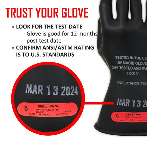 Pro Grade Rubber Electrical Safety Gloves Class 0 Up To 1000 VAC And 1500 VDC Size 8 11 Inch Cuff label details