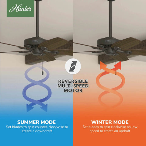 52 Inch Bronze Indoor Ceiling Fan No Light With Pull Chain showing reversible motor for summer and winter mode