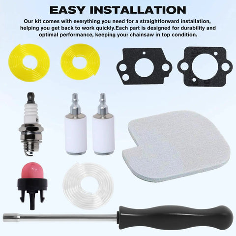 Carburetor Rebuild Kit For Poulan Pro Chainsaws And Craftsman 35cc 42cc Models with gaskets, fuel line, spark plug, and tool.