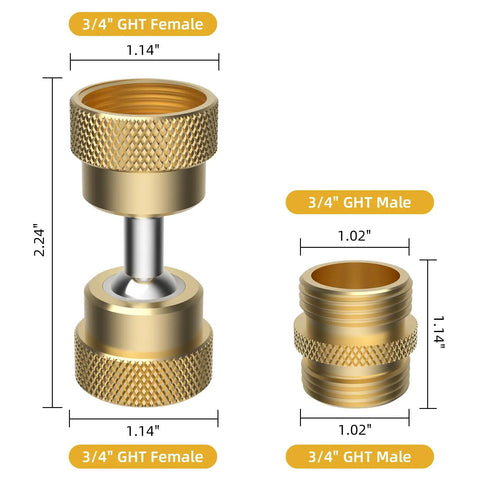 Swivel All Metal Garden Hose Adapter With Two Brass Adapters Three Quarter Inch Protector Heavy Duty Faucet Connector 360 Degree Swivel No Slip Diamond Embossed Brass Corrosion Resistant Built To Last, 3/4 GHT female and male