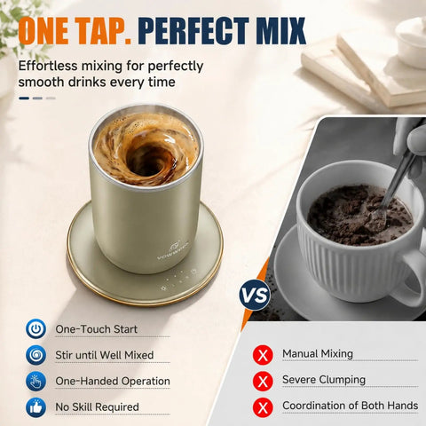Gotta Have This Self Stirring Heated Coffee Mug With 10 Oz Auto Magnetic Mixing Cup Sage Green One Touch Electric Blender mixing coffee smoothly.