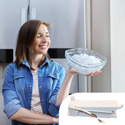 Woman holding ice with DA97-15217D Ice Maker Assembly Replacement for Refrigerator shown below, easy install and reliable part.