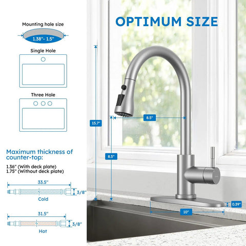 Top Shelf Kitchen Faucet With Slick Pull Down Sprayer, Single Handle Brushed Nickel, 3 Function Gooseneck Sink Tap dimensions illustration