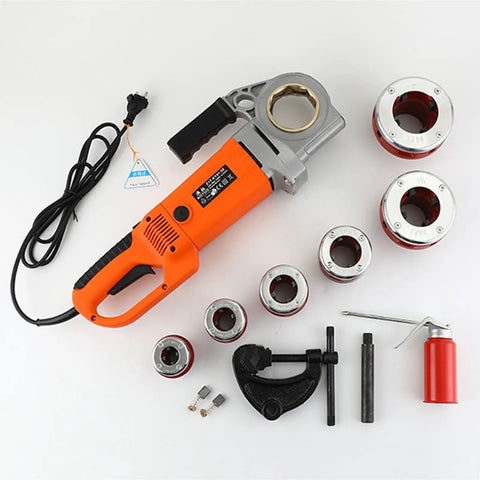 Heavy Duty Electric Pipe Threader Kit Handheld with six swappable threading heads and accessories on a white background.